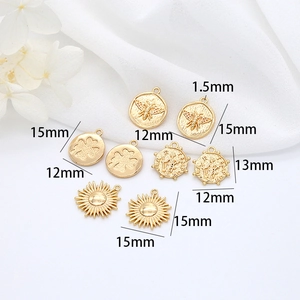 Detailed sizes of 14k gold plated round pendants with bee and clover coin charms