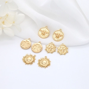14K Gold Plated Brass Round Pendant Charms Minimalist Bee Clover Sun Ancient Coin Style DIY Jewelry Accessory Findings