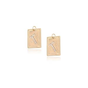 Colgante rectangular dorado estilo vintage con letra T, pavé de circonitas y grabado Star