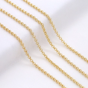 Detail of 14K gold plated rolo chain for DIY jewelry making showing round linked rings