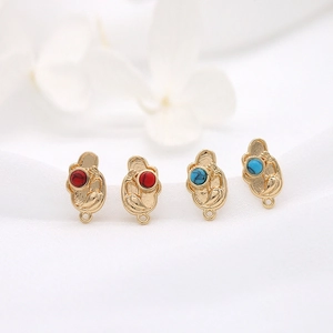 Set of four gold relief pendants with red ruby and turquoise cabochons for DIY earrings