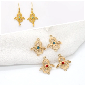 14K Gold Plated Copper Floral Jewelry Connector Pendant With Inlaid Synthetic Ruby Turquoise For DIY Earring Jewelry Making