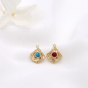 Flame-patterned 14K gold-plated DIY charms with turquoise and ruby-style gemstones
