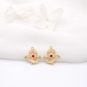 Vintage 14K gold plated flower connectors with red ruby beads for DIY earrings