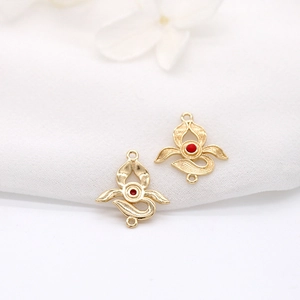 Vintage 14K gold plated flower connector with red ruby bead for DIY jewelry making