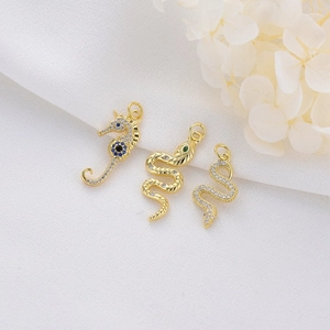 Colgantes de caballito de mar y serpiente bañados en oro 14K con circonitas para joyas DIY
