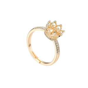 Monture de Bague Ajustable en Cuivre Plaqué Or 14K Fleur Couronne pour Femmes Strass DIY Bijoux Montage