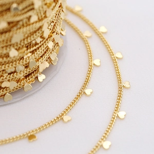 Golden 1.6mm copper chain with tiny solid heart charms for DIY jewelry making