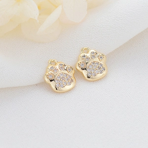 Set of 14K gold plated cat paw pendants with sparkling zircon stone inlay for jewelry DIY