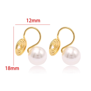 Detail showing 18k gold plated clip-on pearl earrings with 12mm and 18mm dimensions