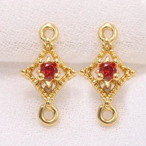 14k gold plated rhombus connector charms with red cubic zirconia for DIY jewelry making