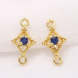 14k gold plated rhombus connector with blue zircon stone for DIY jewelry making