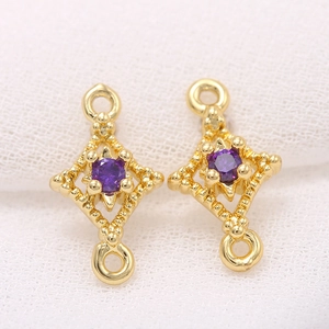 14k gold plated rhombus zircon connector for DIY jewelry making with purple gemstone