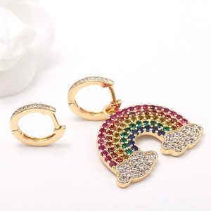 14k gold plated brass hoop earrings with rainbow crystal charms and white zircon pavé