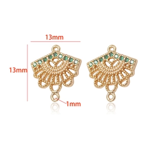 Detail of 13mm gold plated fan-shaped earring charms with green zircon and 1mm hole