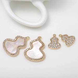 14K Gold Plated Copper Wu Lou Gourd Pendant For DIY Jewelry Making Zirconia Mother Of Artificial Pearl Inlaid Oriental Pendant Only