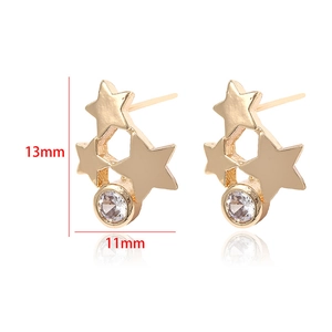 Detailed view of 14k gold-plated star earrings with crystals measuring 13mm by 11mm