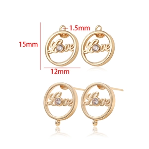 Detail of 14k gold plated round Love earring pendant with zircon and dimension markings