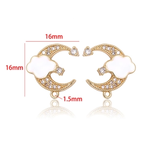 Detail of 14k gold-plated moon and cloud pendant with white enamel and clear zircons