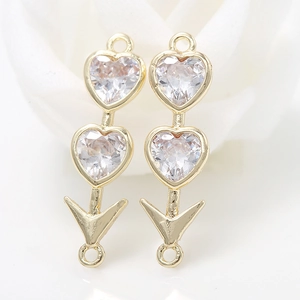 14K gold-plated copper heart-shaped connectors with sparkling cubic zirconia for DIY jewelry