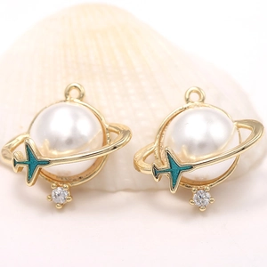 Colgante Solo (Sin Cadena) Planeta Avión de Cobre Chapado en Oro 14K Con Perla Artificial de Imitación Zirconia Esmalte Joyería