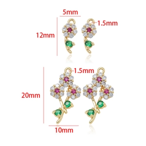 Macro detail of 14k gold plated flower pendant with cubic zirconia and size dimensions