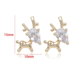 Detailed view of gold reindeer earrings with clear zircon, sized 15mm by 10mm