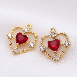 DIY 14k gold heart-shaped pendants with red micro-pave crystals for jewelry making
