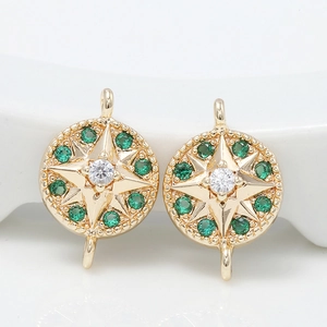 14k gold plated copper star connectors with emerald green and white cubic zirconia