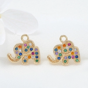 Copper 14k gold plated elephant pendant with colorful zircon stones for DIY jewelry making