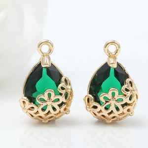 14k gold plated pear-cut green zircon drop pendants with floral filigree pattern