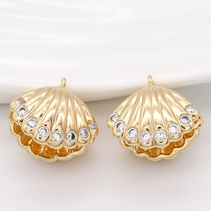 14k gold plated copper shell charms with cubic zirconia for DIY jewelry making
