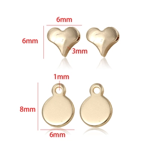 14k gold plated heart bead and round charm jewelry DIY components with measurements