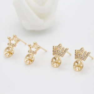 Golden crown earring settings with white cubic zirconia for DIY jewelry making