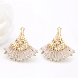 14K gold plated fan-shaped pendant charms with clear zircons for DIY jewelry making