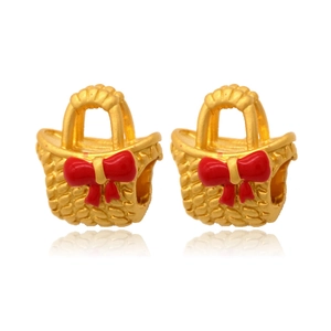 Golden basket charms with red bows and woven texture for DIY handmade jewelry crafting