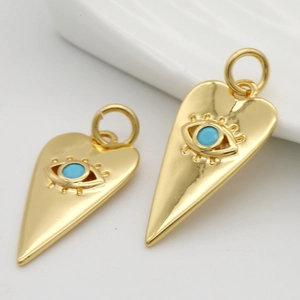Blue zircon evil eye heart pendant in 14k gold plating for DIY jewelry making