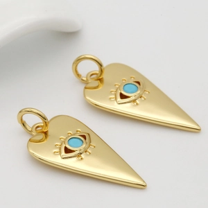 14k gold plated shield pendant with blue zircon evil eye inlay and jump ring for DIY jewelry