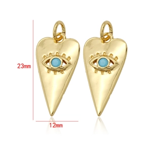 14k gold plated heart evil eye charms with blue zircon inlay, measuring 23mm by 12mm