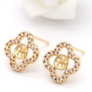 Tige en Argent Sterling 925 Fournitures Boucles d'Oreilles Trèfle Cuivre Zirconia Incrusté Plqué Or 14K DIY Accessoires Bijoux Femme