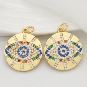 Gold-plated Evil Eye circular pendants set with micro-pave colorful cubic zirconia
