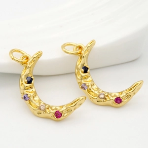 14k gold plated copper crescent moon charms with colorful zircon stones for DIY jewelry