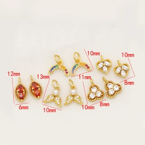 14k gold plated copper charms set with rainbow zircon and pearl for DIY jewelry making