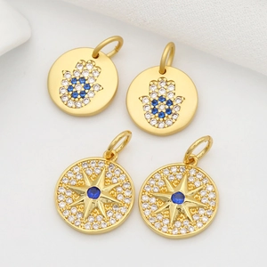 Gold Hamsa and North Star round pendants with inlaid cubic zirconia for jewelry DIY