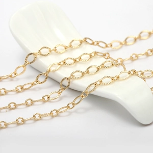 14K gold plated copper O-chain necklace with textured oval links for DIY jewelry making