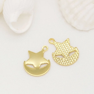 14K gold plated fox mask pendant with star ears and mesh texture for DIY jewelry