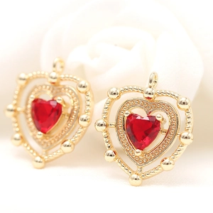 14K gold plated copper heart pendant with red zircon inlay for DIY jewelry making