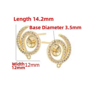 Pendientes de espiral chapados en oro 14K con circón y base de perla de 3,5mm para joyas