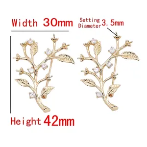 Golden micro-pave zircon branch brooch DIY accessory with 30mm width and 42mm height size