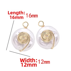 Detail of 14k gold-plated 16mm x 12mm white pearl round charms with spiral wire design